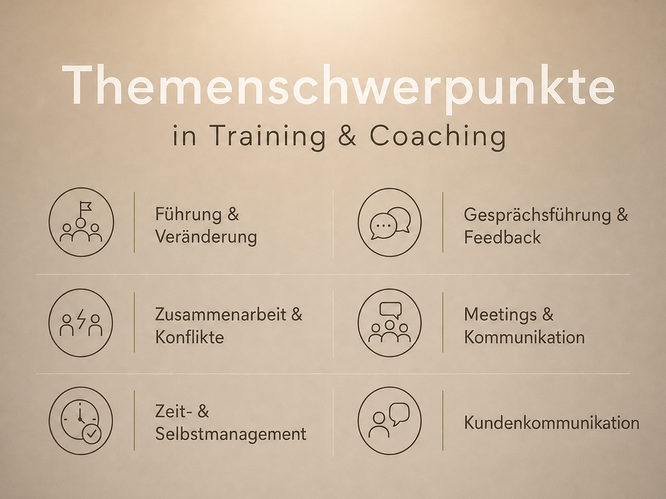 Themenschwerpunkte in Führungskräfteentwicklung, Kommunikationstraining und Coaching: Führung, Feedback, Konflikte, Meetings, Zeit- und Selbstmanagement, Kundenkommunikation.