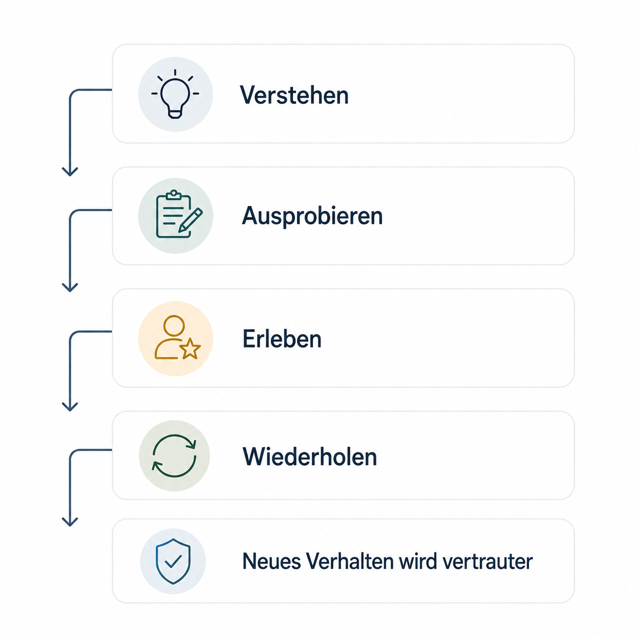 Infografik zur Verhaltensänderung: Verstehen, Ausprobieren, Erleben und Wiederholen führen dazu, dass neues Verhalten vertrauter wird.